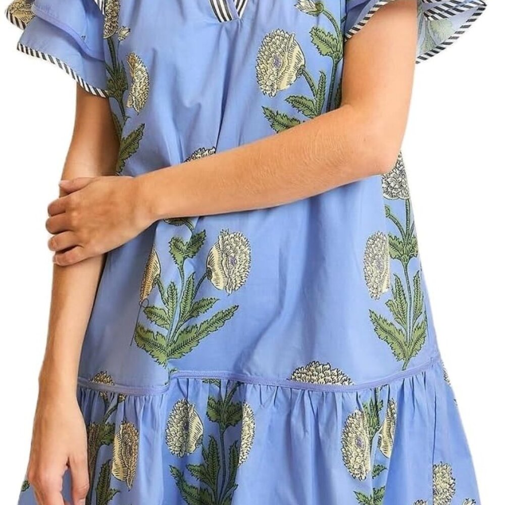 Women Boho Ruffle Sleeve Mini Dress Floral Print V Neck Casual Summer